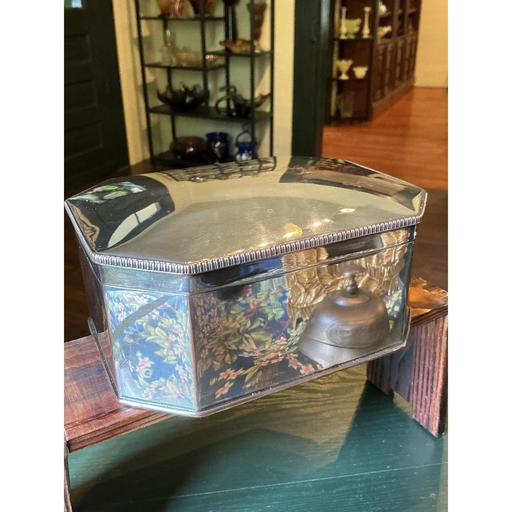 Vintage Silver Over Copper Octagonal Trinket Box Hinged Biscuit Jewelry Case